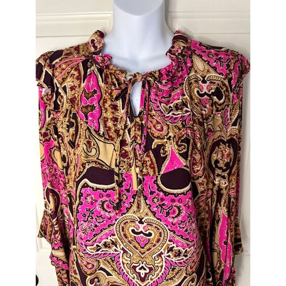 NWT a loves a  Medium Pink Paisley Tie-Neck Blouse Ruffle French Preppy Boho - Picture 5 of 11